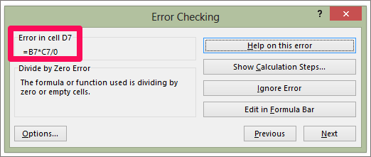 Formula Auditing - Error Checking Dialog Box